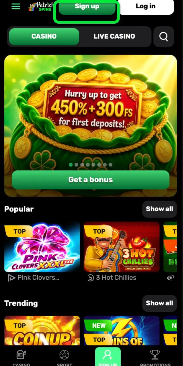 Tap the button below to open the Patrickspins registration page and create your account.