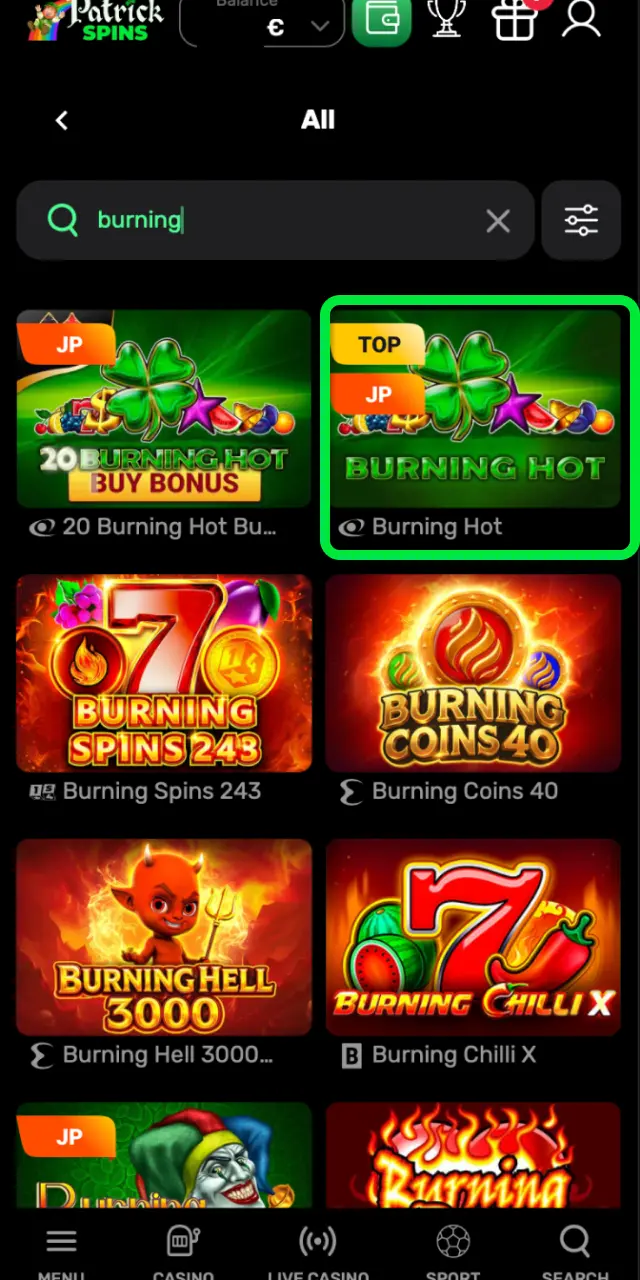 Navigate to the Casino section on Patrickspins UK, search for Burning Hot, and click to load.