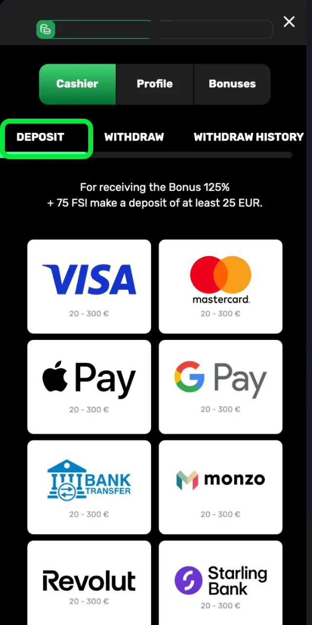 Head to the cashier on Patrickspins UK, choose your payment method, and confirm your deposit.