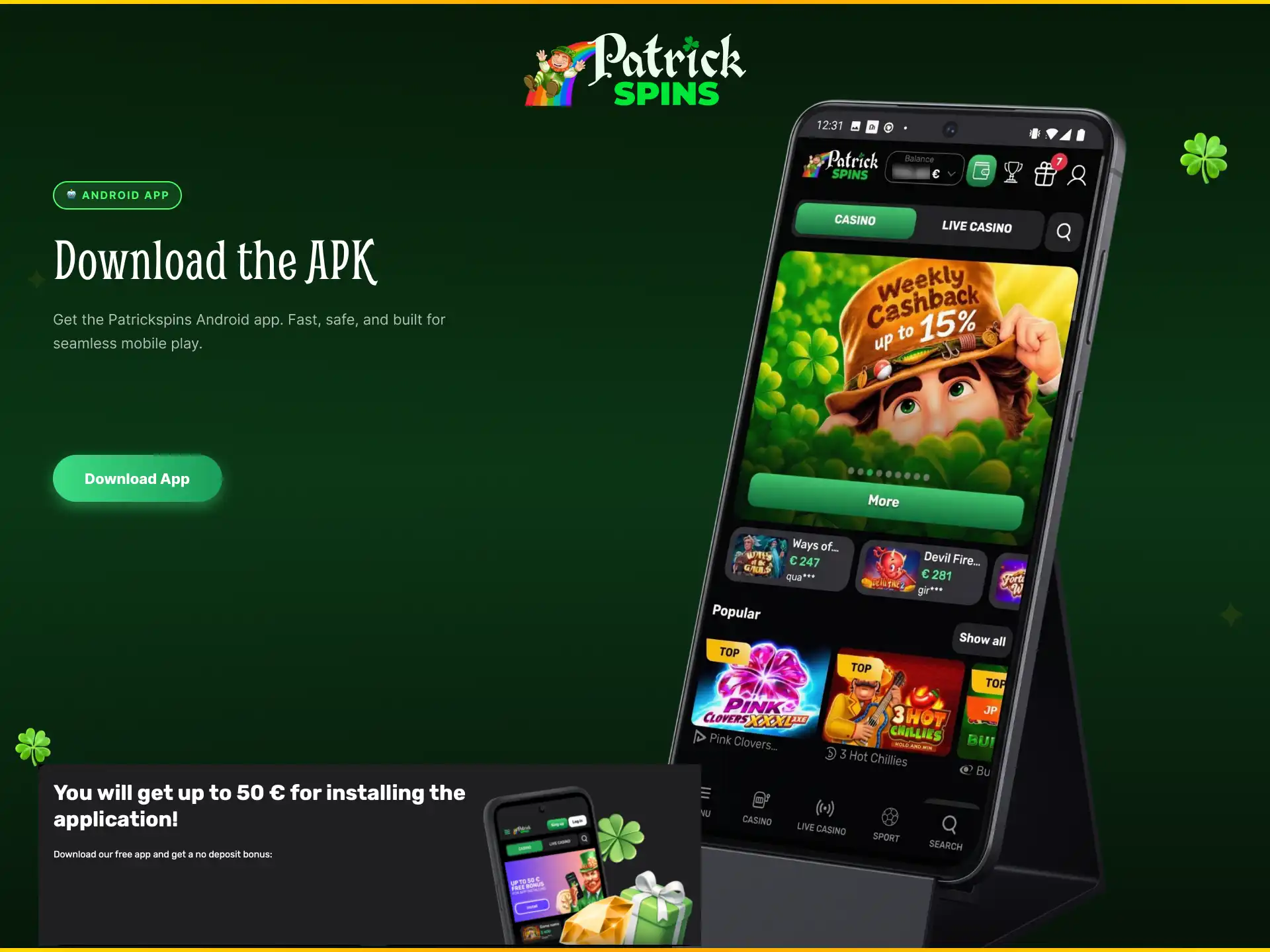 Download Patrickspins Android app to play casino games from your mobile in the UK.