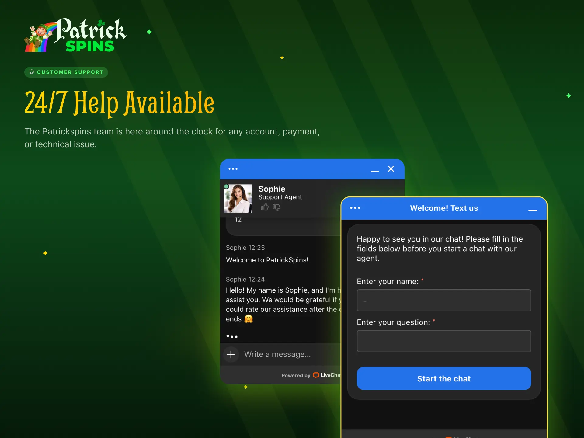 Customer support at Patrickspins UK via live chat and email for casino players.
