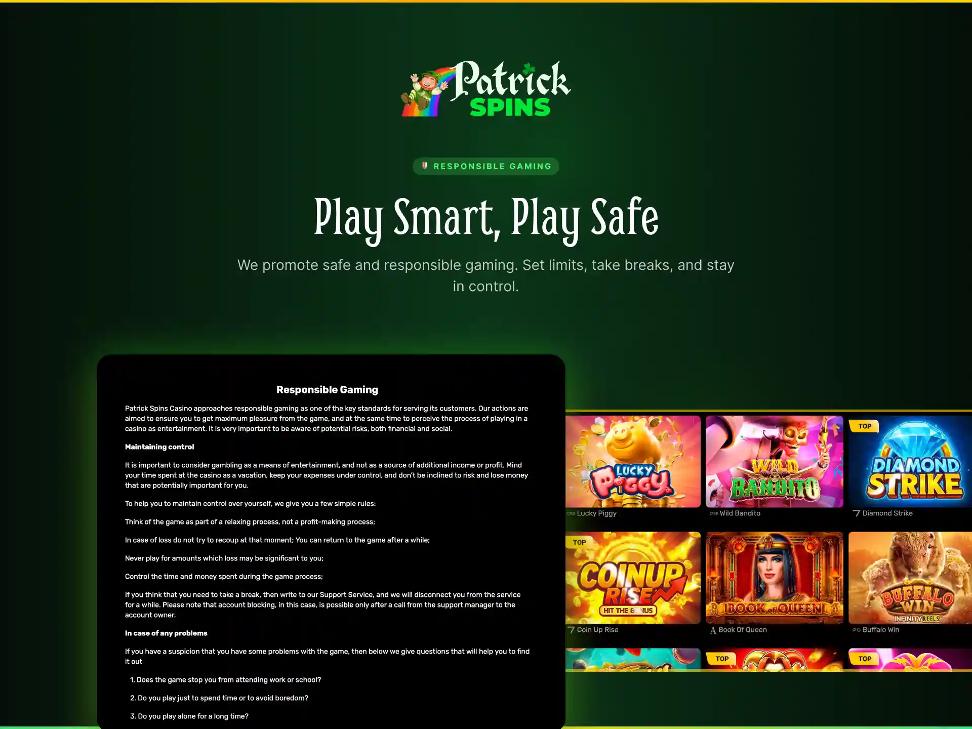Responsible gaming tools at Patrickspins UK to set limits and protect your balance.