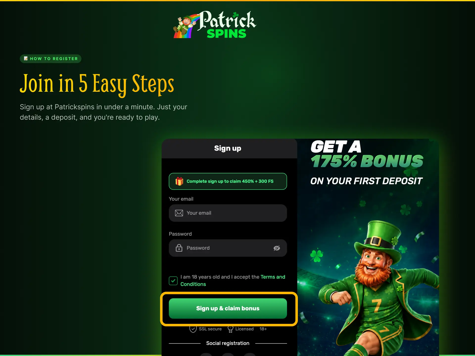 Step by step guide to register at Patrickspins UK and create your account.