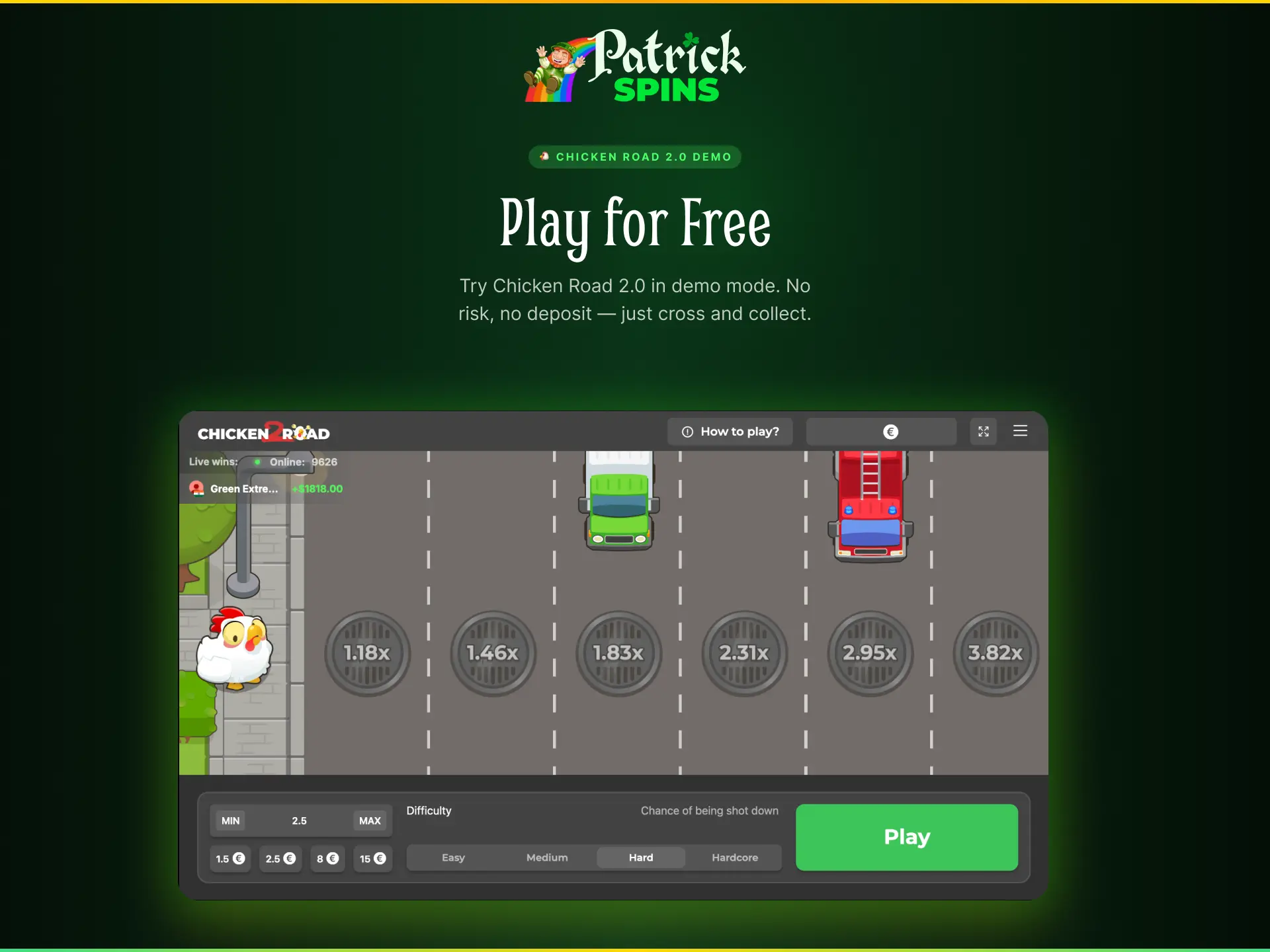 Chicken Road 2.0 demo mode on Patrickspins UK to play for free without risk.