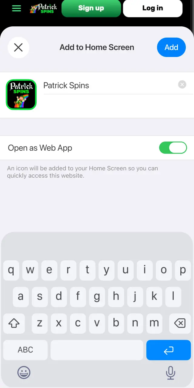 Tap Add to confirm the Patrickspins shortcut on your iOS home screen.