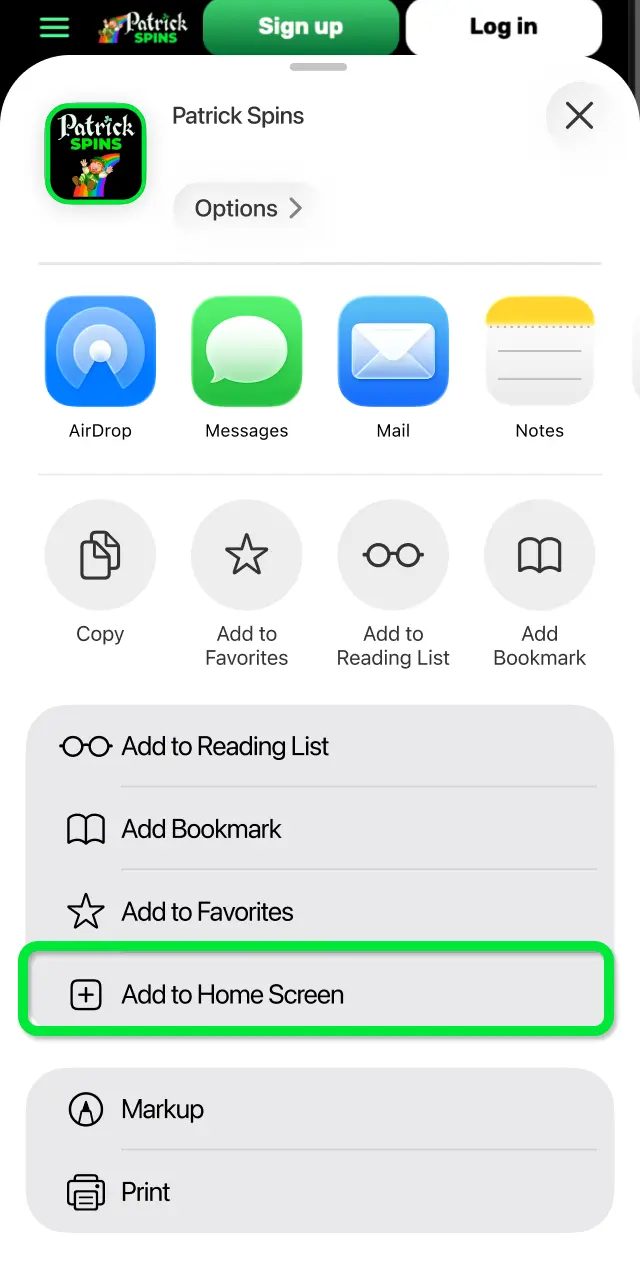 Choose Add to Home Screen from the menu and give the Patrickspins shortcut a name.