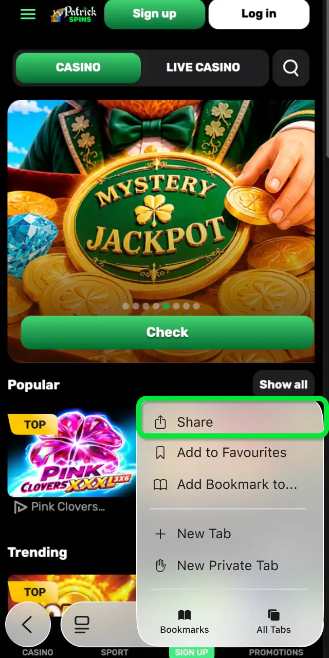 Tap the Share icon at the bottom of Safari to open the sharing menu for Patrickspins.