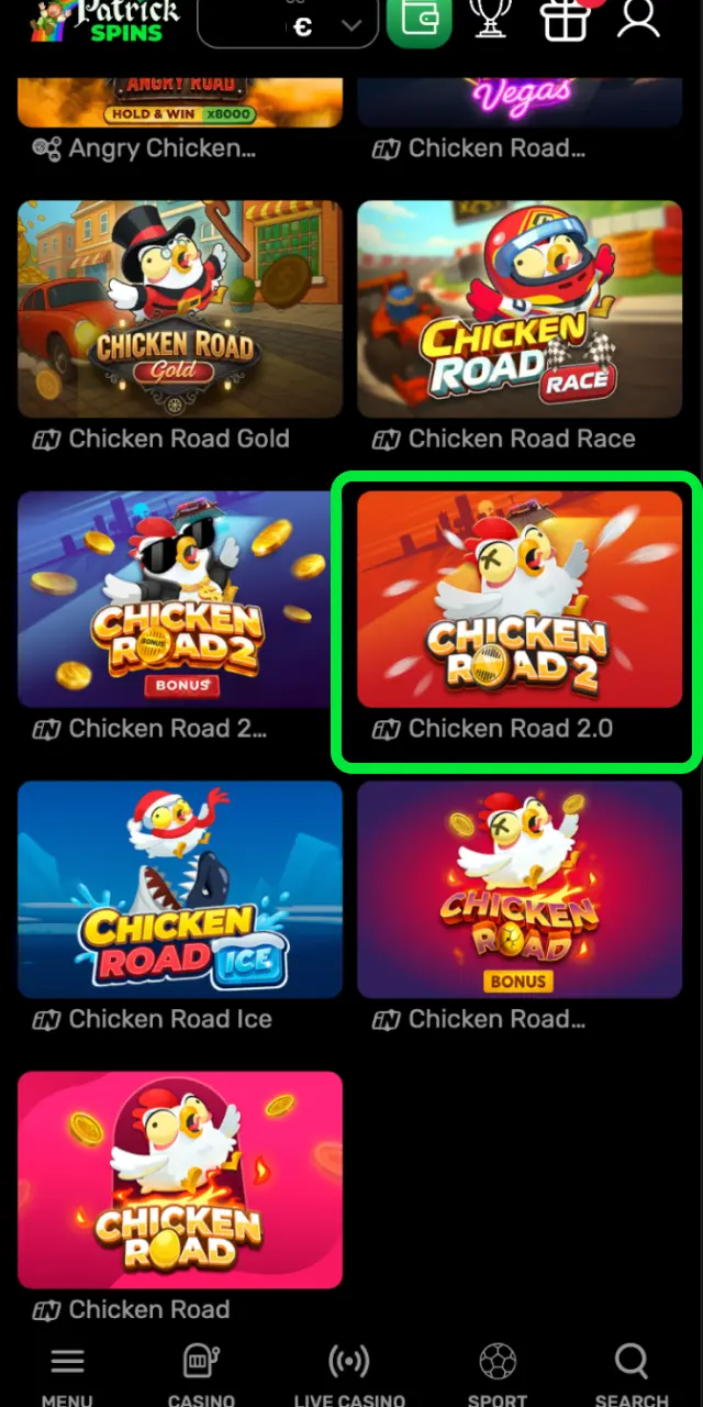 Navigate to the Casino section on Patrickspins UK, search for Chicken Road 2.0, and start playing.