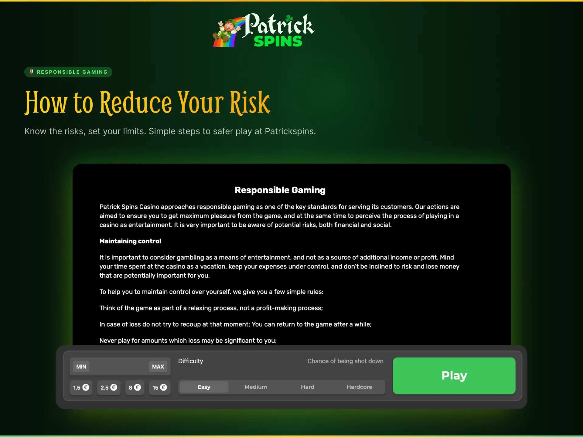 Responsible gaming tools on Patrickspins UK to reduce risk while playing Chicken Road 2.0.