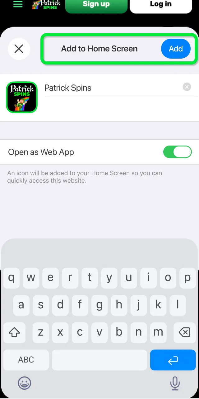 Scroll through the share menu options and tap Add to Home Screen for Patrickspins.