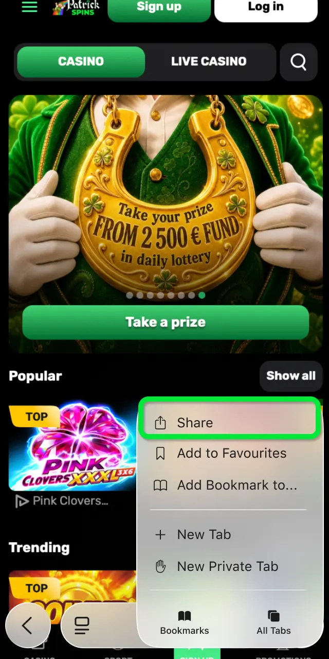 Look for the iOS app button near the bottom of the Patrickspins homepage and tap it.