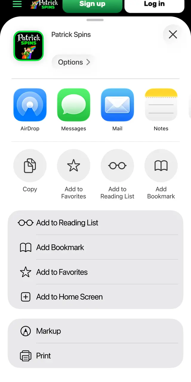 Tap the Share icon at the bottom of Safari to open the sharing menu for Patrickspins.
