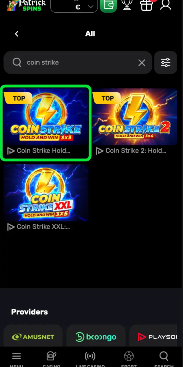 Navigate to the Casino section on Patrickspins UK, search for Coin Strike, and hit Play.