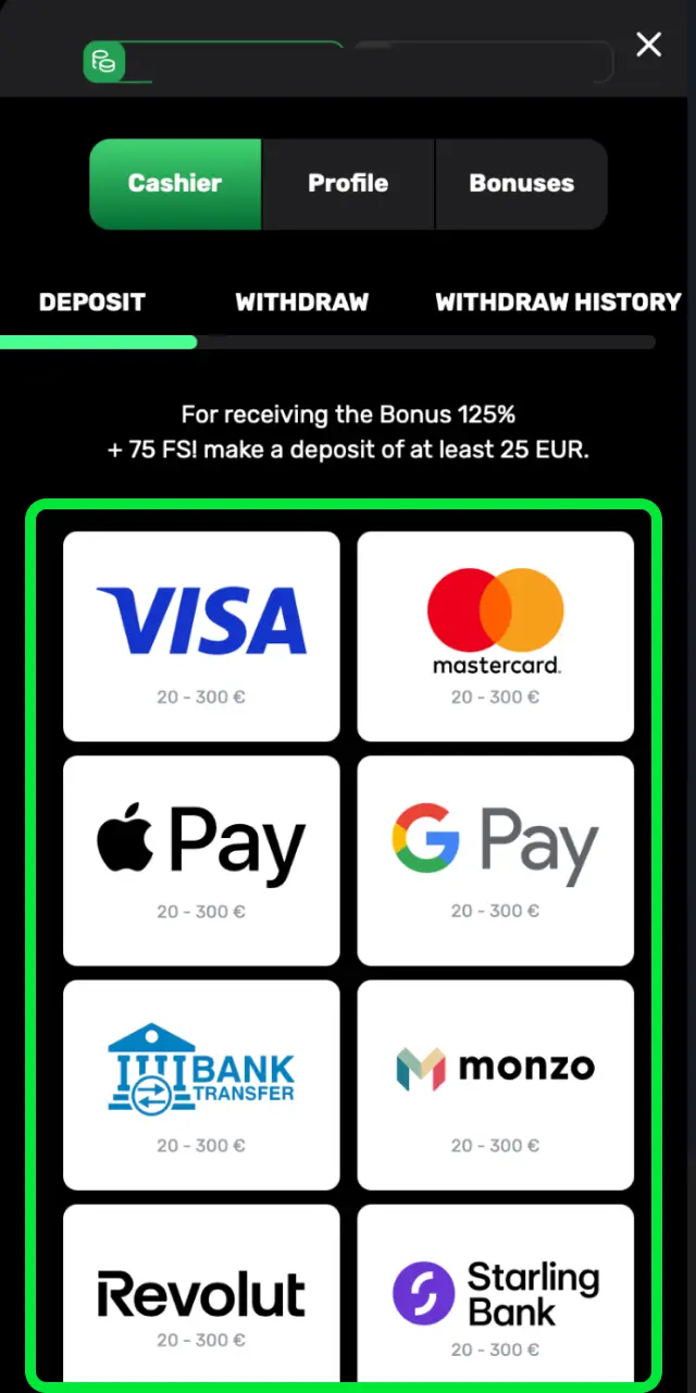 Head to the cashier on Patrickspins UK and deposit the minimum to activate your bonus.