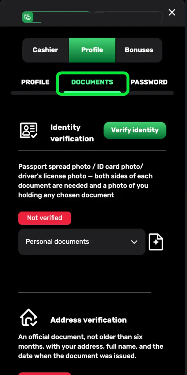Check your email and confirm your identity on Patrickspins UK by uploading documents.