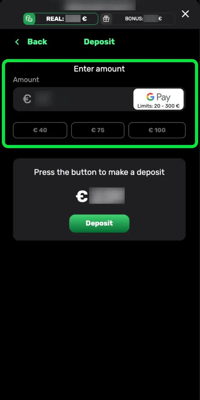 Type your deposit amount on Patrickspins with a minimum of £10.