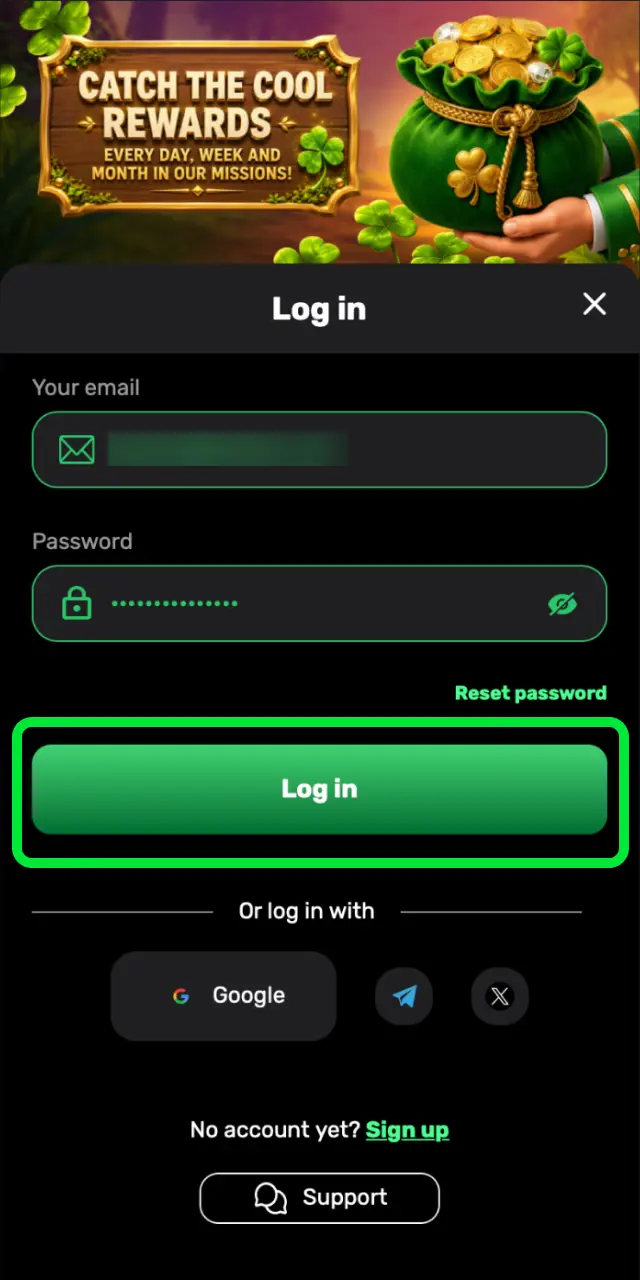 Head to the official Patrickspins site and log in to your account to deposit.