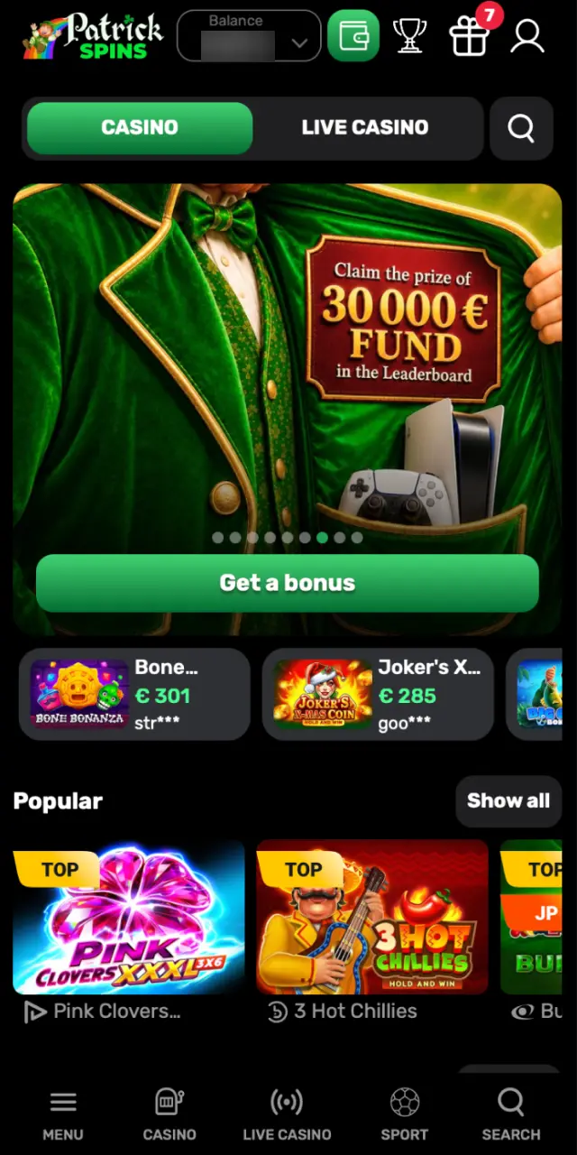 Access your Patrickspins account dashboard with betting markets, casino games, and bonuses.