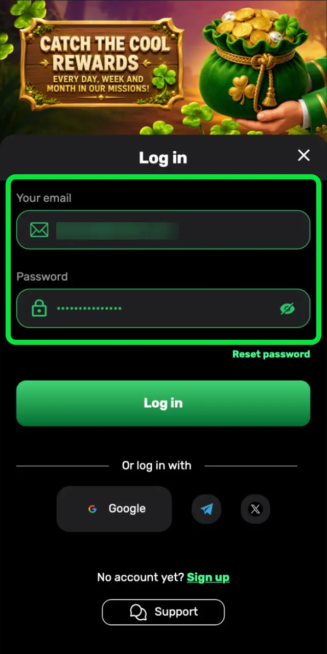 Enter your registered email address and password on the Patrickspins login form.