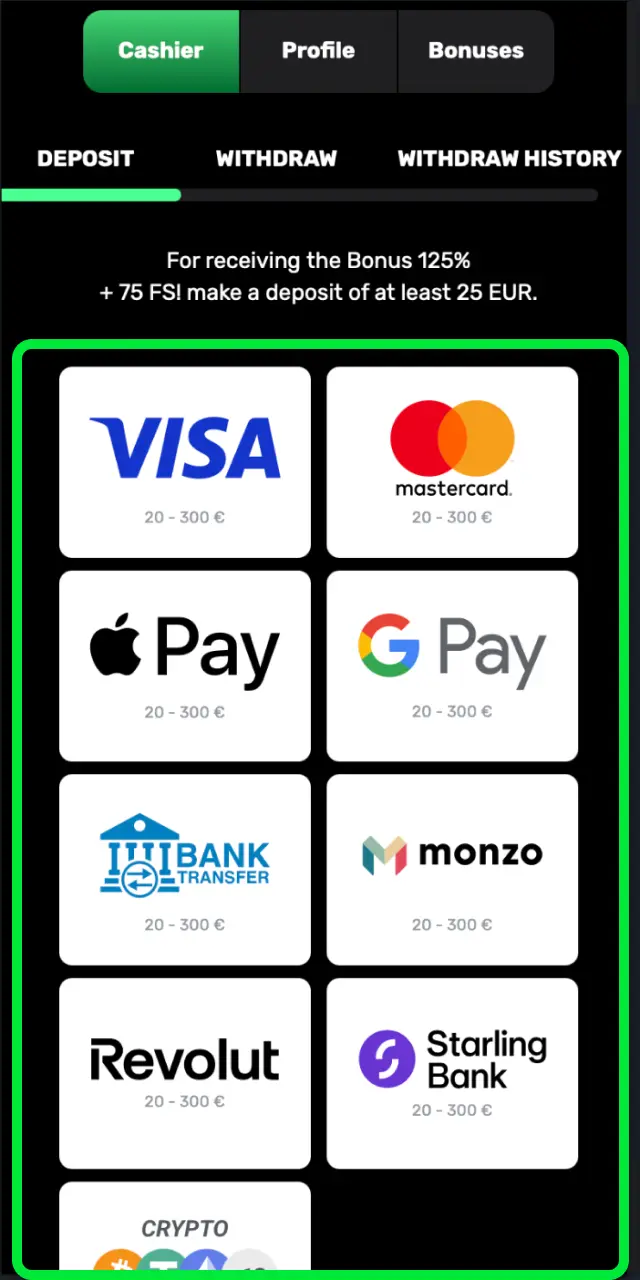 Pick Visa, Mastercard, or USDT ERC20 on Patrickspins.