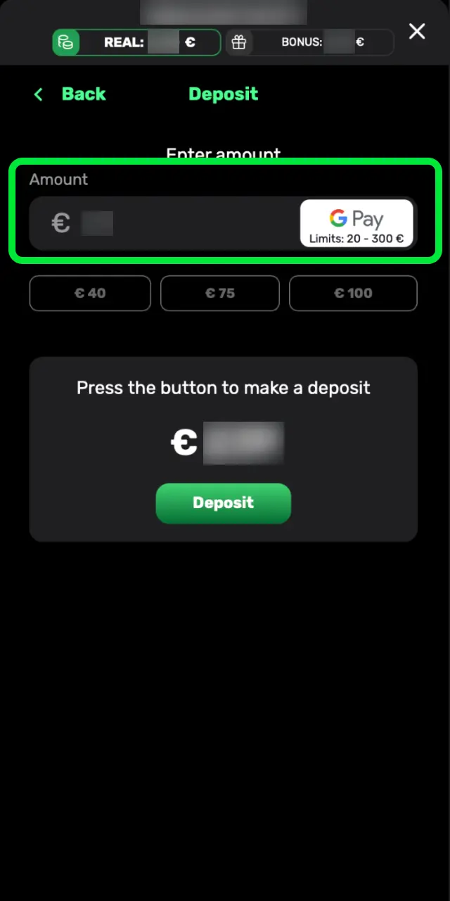 Enter your deposit amount on Patrickspins.
