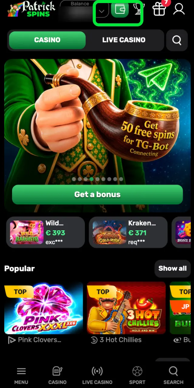 Enter the cashier or deposit section in your Patrickspins account menu.