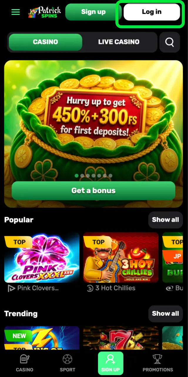 Head to the official Patrickspins site and log in to your account to deposit.