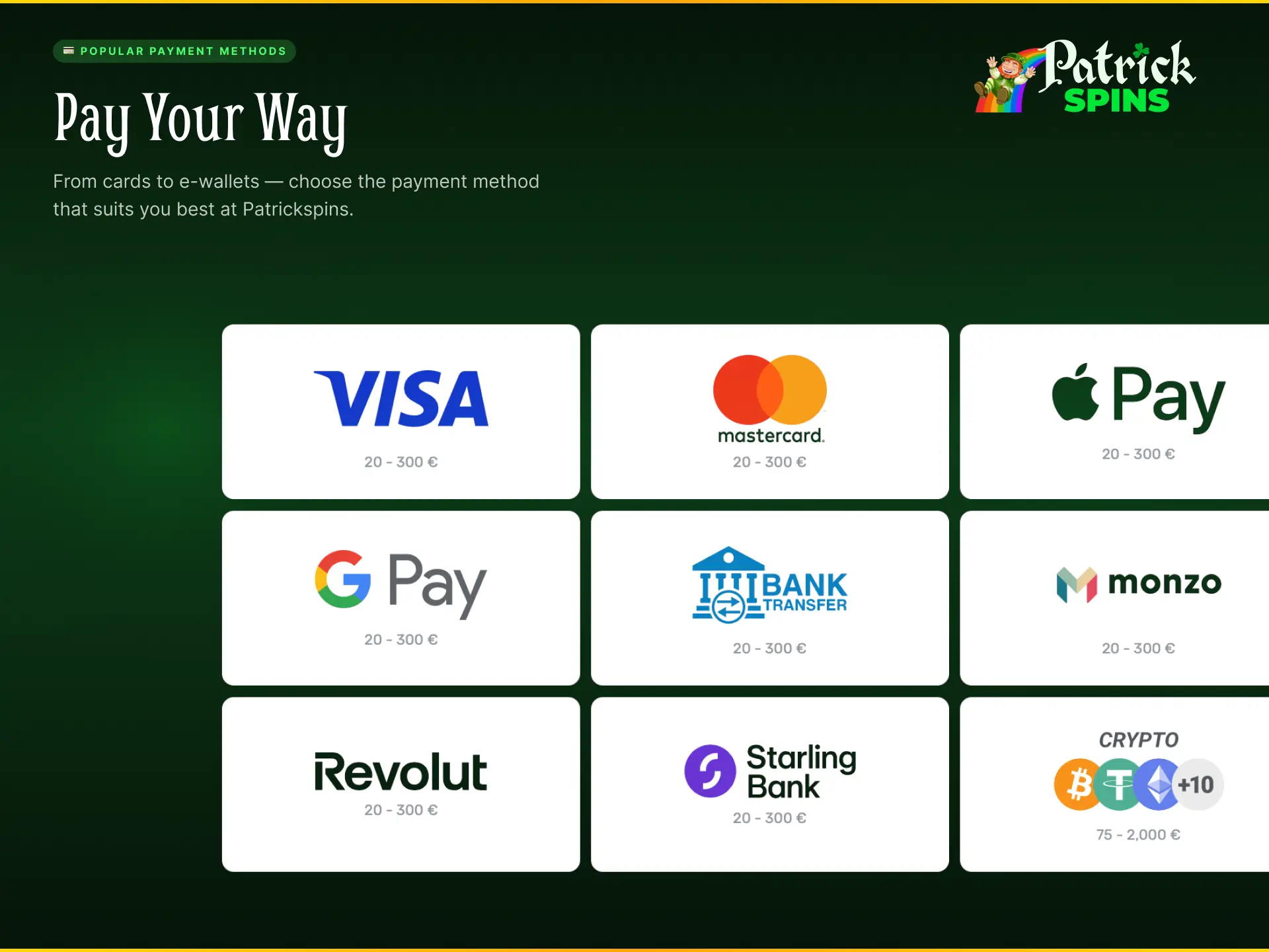 Popular payment methods on Patrickspins UK including Visa, Mastercard, and crypto.