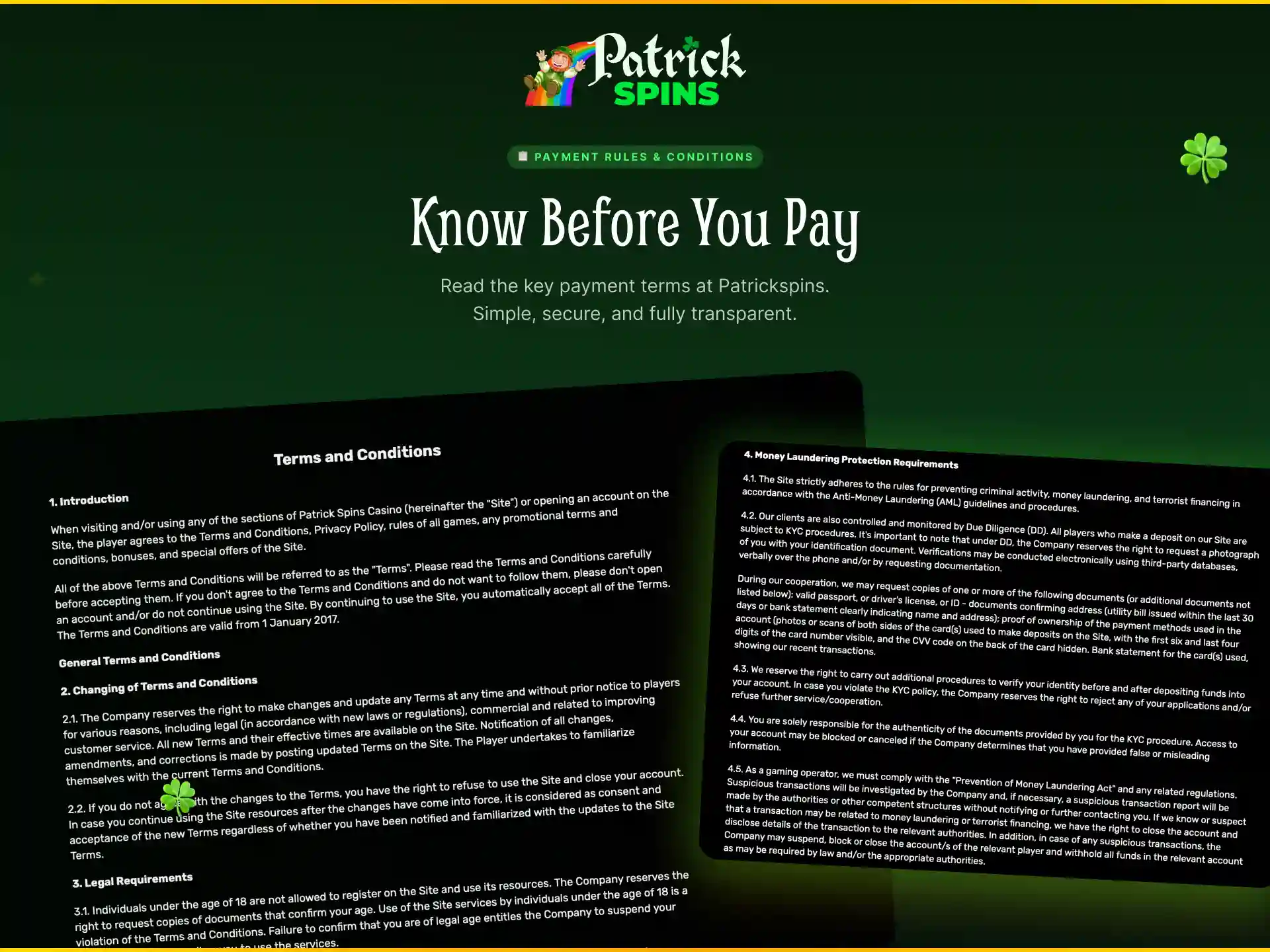 Payment rules and conditions on Patrickspins UK including minimum amounts and times.