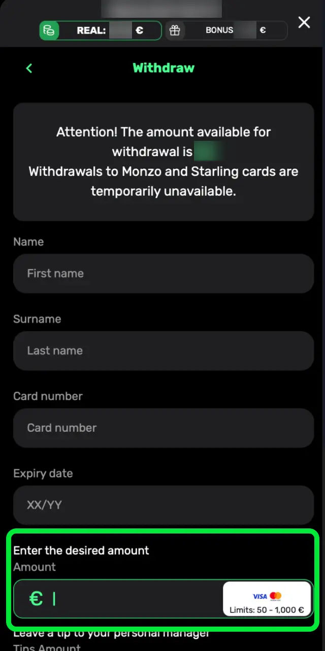 Type the amount you wish to withdraw on Patrickspins within the method limits.