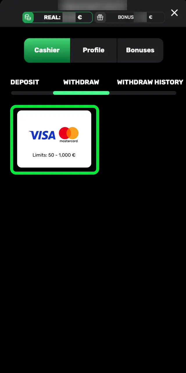 Choose the withdrawal option on Patrickspins and select your preferred payment method.