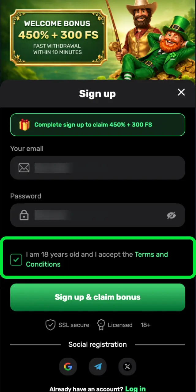 Accept the terms and conditions on Patrickspins and confirm you are an adult player.