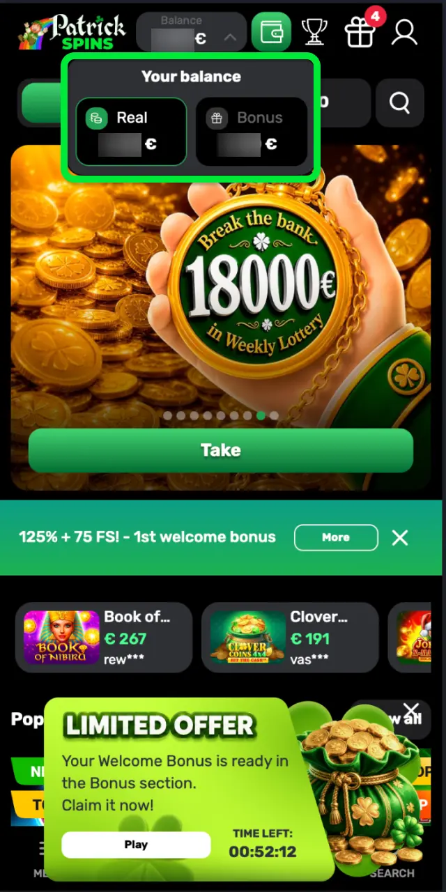 Check your Patrickspins bonus balance and wagering progress in the promotions section.