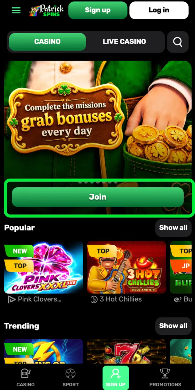 Click the registration button on this page and complete the Patrickspins sign up form.