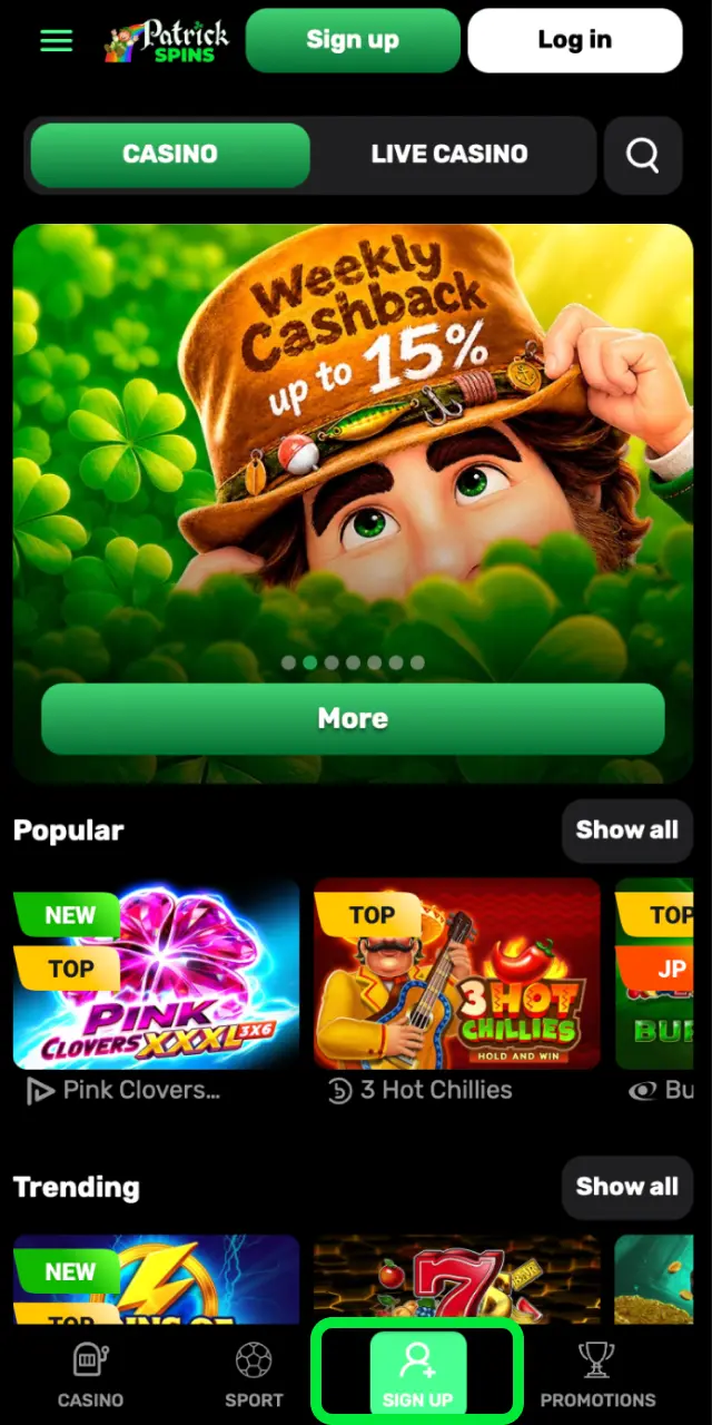 Click the Sign Up button on this page to open the Patrickspins registration form.