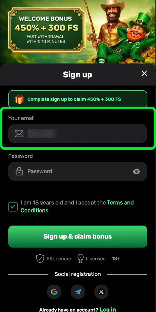 Enter your full name, date of birth, email, and a secure password on Patrickspins.