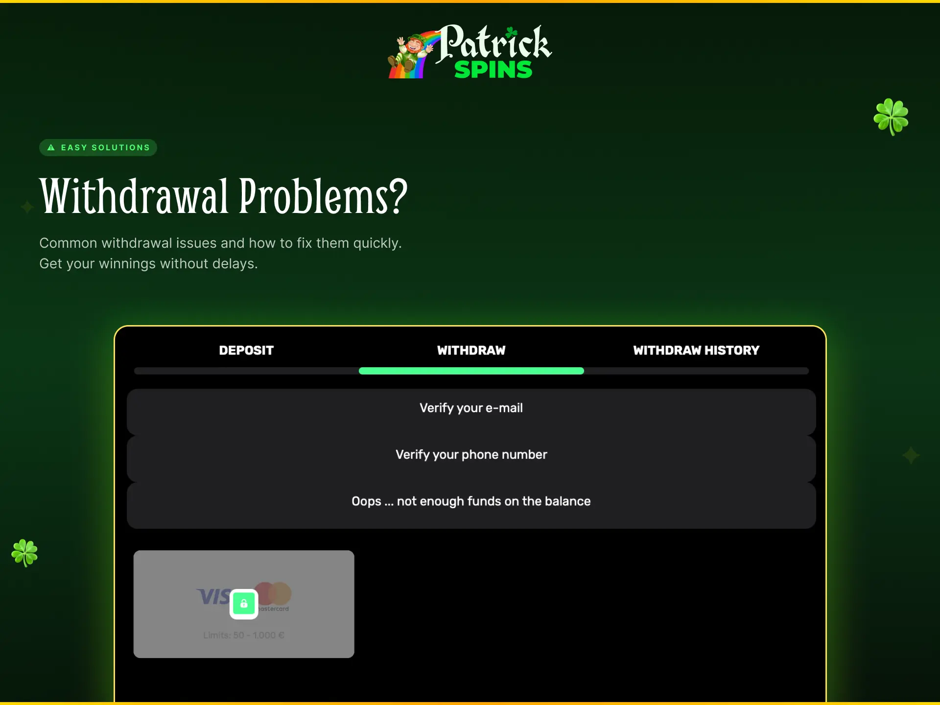 Solutions for common withdrawal problems on Patrickspins UK like pending requests.
