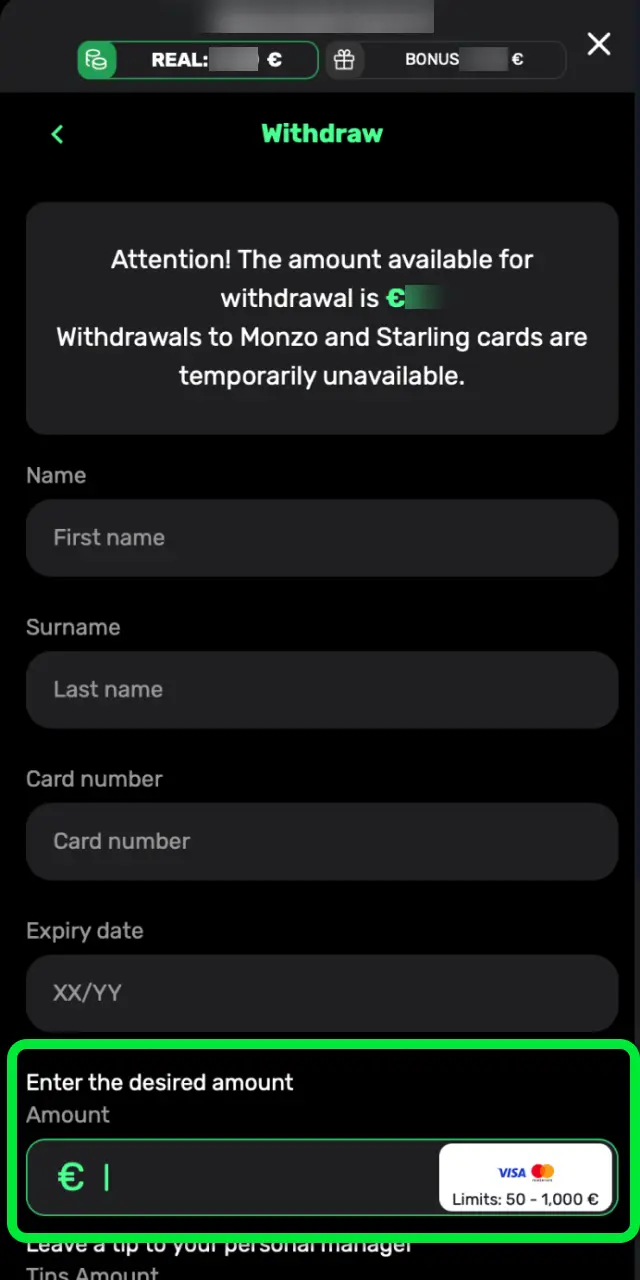 Type the amount you wish to withdraw on Patrickspins within the method limits.