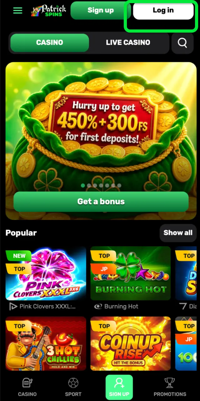 Visit Patrickspins and log in using your registered email address and password.