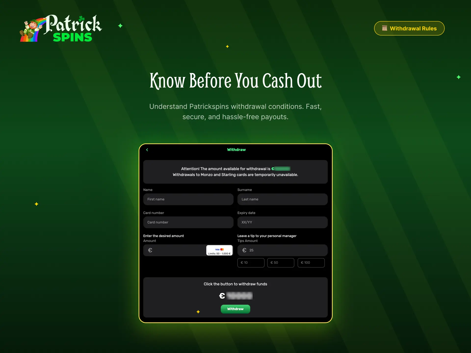 Withdrawal rules and conditions at Patrickspins UK including limits and verification.