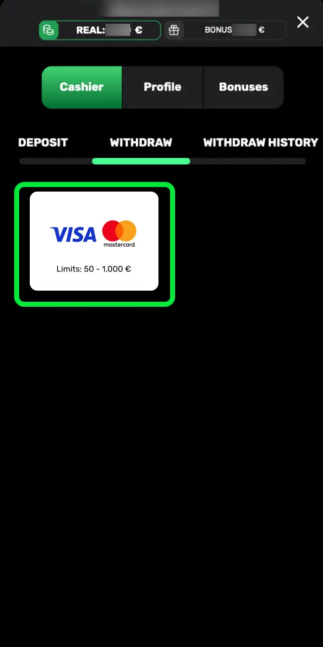 Choose the withdrawal option on Patrickspins and select your preferred payment method.